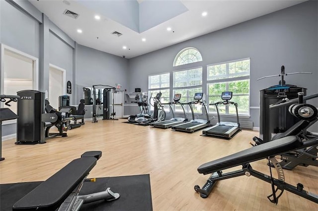 2804 Pointe View Dr, Adams Twp, PA 16046 - gym featuring a towering ceiling, wood finished floors, and recessed lighting