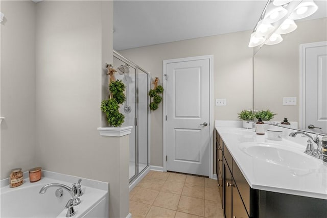 2804 Pointe View Dr, Adams Twp, PA 16046 - full bath featuring double vanity, tile patterned flooring, a bath, a shower stall, and a chandelier