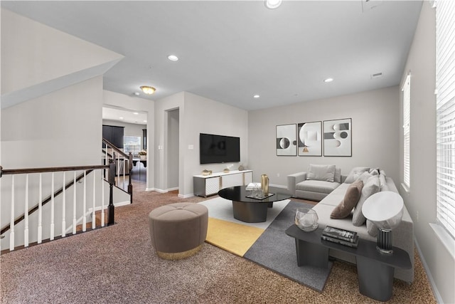 2804 Pointe View Dr, Adams Twp, PA 16046 - carpeted living room featuring recessed lighting and stairway