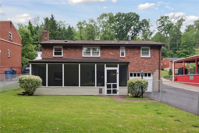 1286 Grouse Dr, Pittsburgh, PA 15243 - back of property featuring a sunroom, driveway, a chimney, a garage, and a fenced backyard