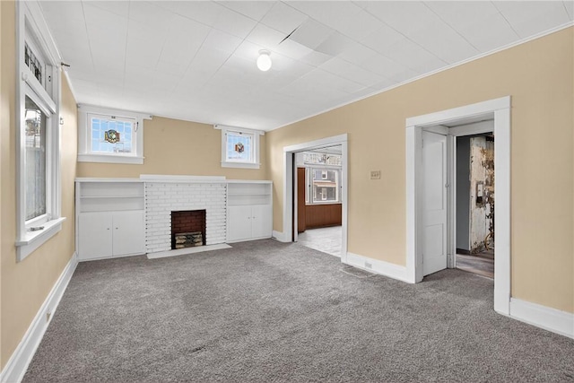 1201 3rd Ave, Beaver Falls, PA 15010 - unfurnished living room with carpet flooring, a fireplace, and crown molding