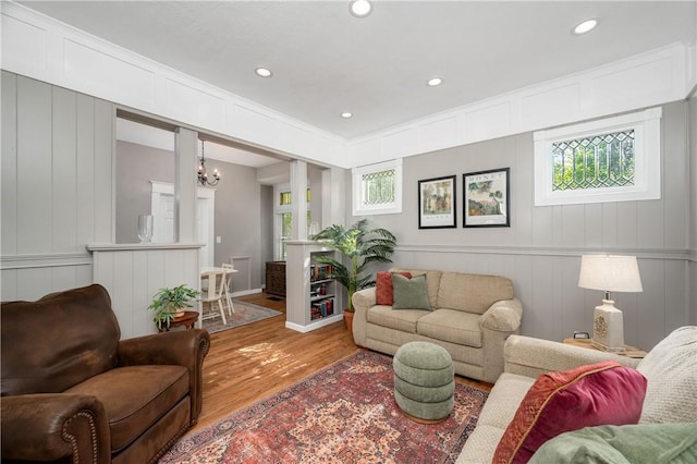 1155 French St, Sharon, PA 16146 - living area featuring a decorative wall, a chandelier, wood finished floors, and recessed lighting