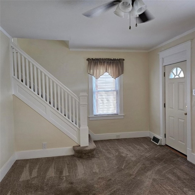 405 Penn Ave, New Brighton, PA 15061 - entrance foyer with carpet, ornamental molding, a ceiling fan, and stairway