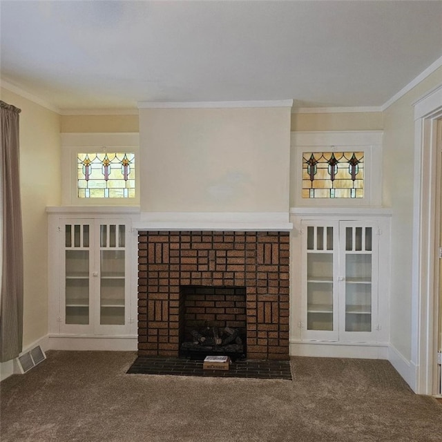 405 Penn Ave, New Brighton, PA 15061 - unfurnished living room with carpet, crown molding, and a brick fireplace