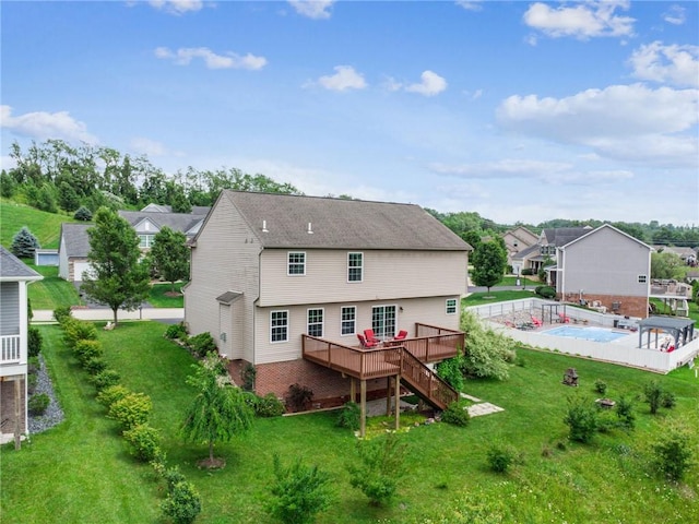 517 Callie Ct, Rostraver, PA 15089 - rear view of property featuring a wooden deck, stairway, a lawn, and a residential view