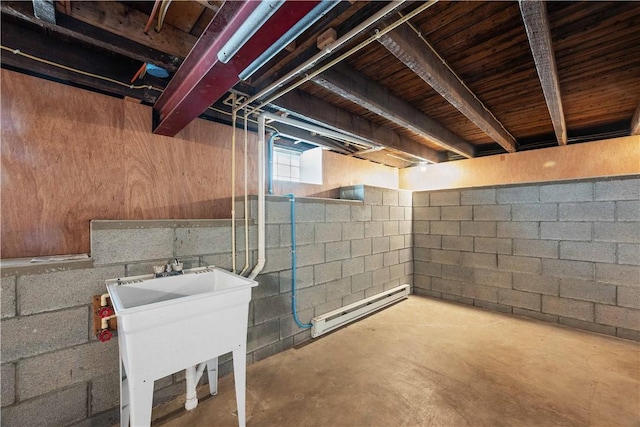 26-28 Clopper St, Sewickley Twp, PA 15637 - below grade area with a baseboard radiator and concrete block wall