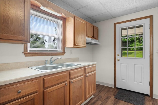 26-28 Clopper St, Sewickley Twp, PA 15637 - kitchen with under cabinet range hood, light countertops, plenty of natural light, dark wood-style floors, and a paneled ceiling