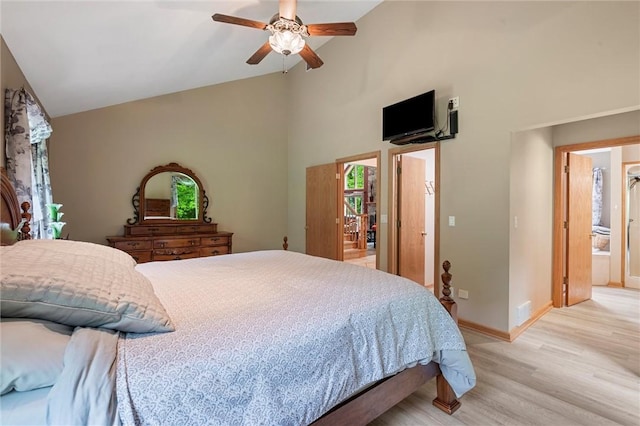 94 Troutman Rd, Pa, PA 16148 - bedroom with light wood-style flooring, high vaulted ceiling, and ceiling fan
