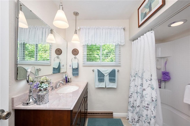 220 N Dr, Center Twp But, PA 16001 - bathroom with vanity, plenty of natural light, shower / bath combination with curtain, and a baseboard radiator
