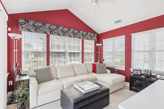 5111 Hemlock, Murrysville, PA 15668 - carpeted living area with vaulted ceiling and ceiling fan