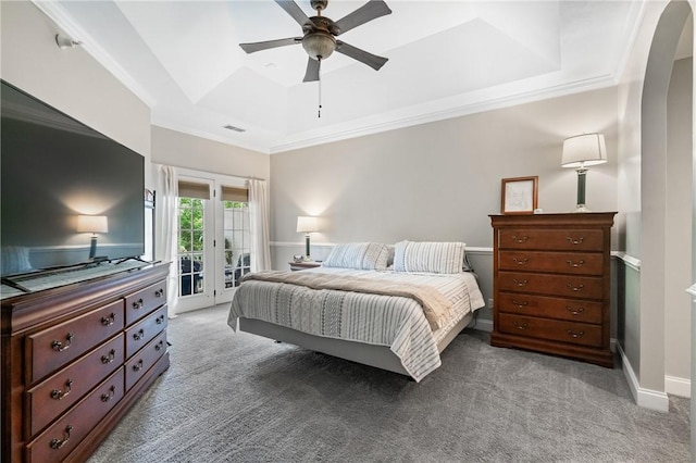 222 Adams Pointe Blvd Unit 1, Adams Twp, PA 16046 - bedroom featuring a raised ceiling, access to outside, light colored carpet, ornamental molding, and arched walkways