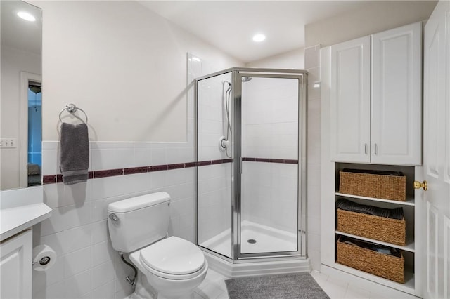 222 Adams Pointe Blvd Unit 1, Adams Twp, PA 16046 - full bath with vanity, a shower stall, tile walls, recessed lighting, and wainscoting