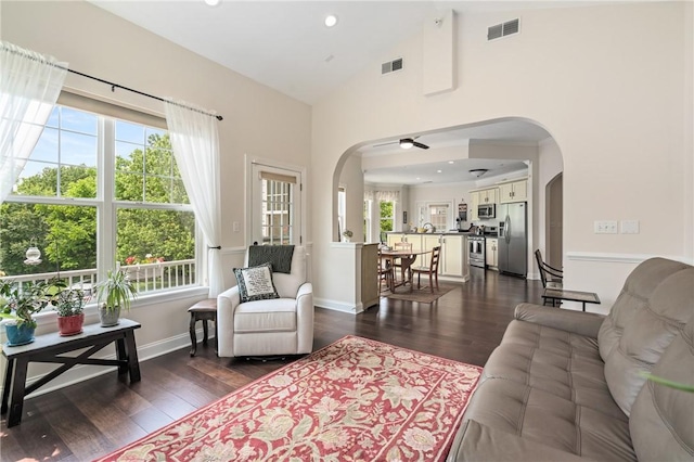 222 Adams Pointe Blvd Unit 1, Adams Twp, PA 16046 - living room featuring arched walkways, dark wood finished floors, high vaulted ceiling, a ceiling fan, and recessed lighting