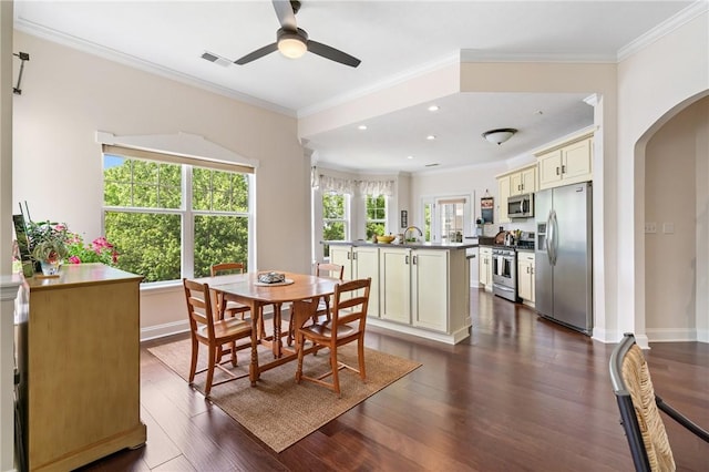 222 Adams Pointe Blvd Unit 1, Adams Twp, PA 16046 - dining space featuring arched walkways, dark wood-style floors, ornamental molding, ceiling fan, and recessed lighting