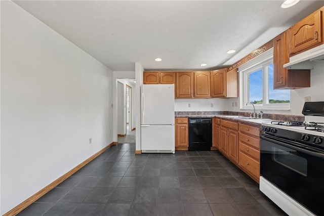 991 Diane Dr N, Versailles, PA 15137 - kitchen featuring white appliances, under cabinet range hood, recessed lighting, dark tile patterned floors, and brown cabinets