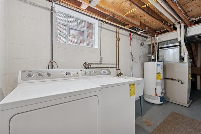 991 Diane Dr N, Versailles, PA 15137 - laundry room with gas water heater, washing machine and clothes dryer, heating unit, and concrete block wall