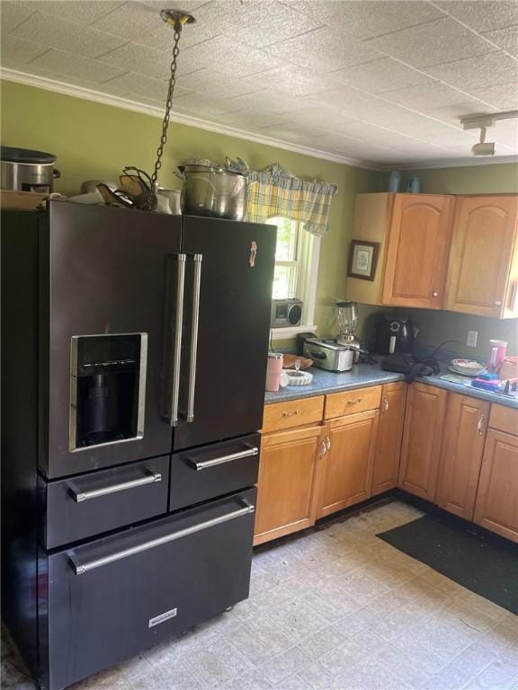 1213 Mccormick Ave, Connellsville, PA 15425 - kitchen with fridge with ice dispenser, crown molding, and light flooring