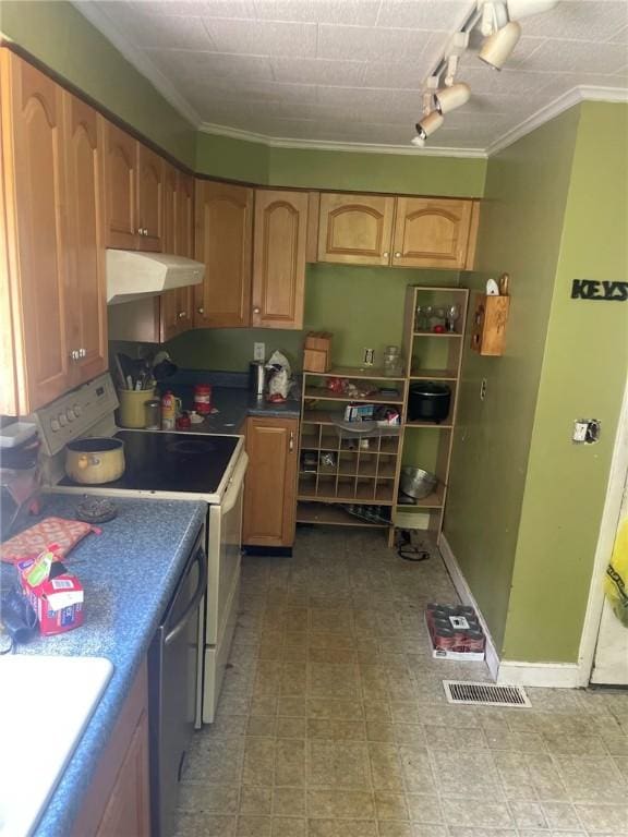 1213 Mccormick Ave, Connellsville, PA 15425 - kitchen with exhaust hood, white electric range oven, ornamental molding, track lighting, and tile patterned floors