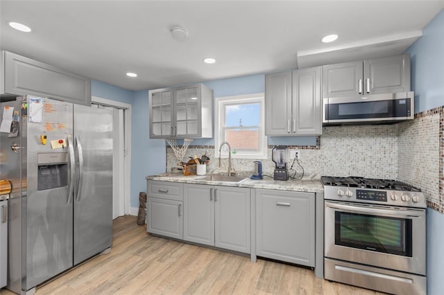 7129 Michigan Ave, Swissvale, PA 15218 - kitchen featuring appliances with stainless steel finishes, gray cabinets, light wood-style floors, and recessed lighting
