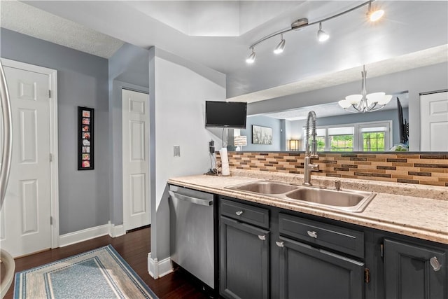 251 Commons Dr, Oakmont, PA 15139 - kitchen featuring dishwasher, backsplash, a chandelier, light countertops, and gray cabinets