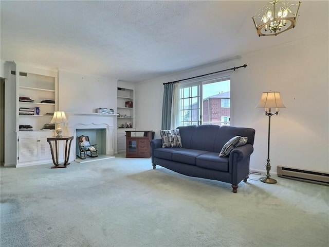 830 S Main St Unit 206, City Of Washington, PA 15301 - carpeted living room featuring a baseboard radiator, a chandelier, built in features, and a textured ceiling