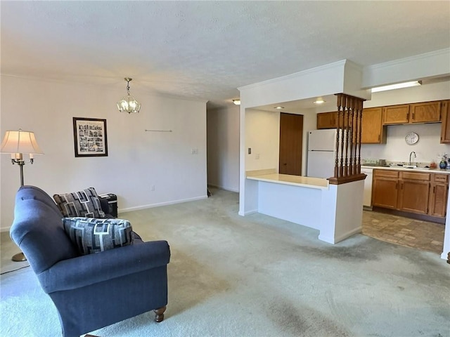 830 S Main St Unit 206, City Of Washington, PA 15301 - living area with light colored carpet, a chandelier, and crown molding