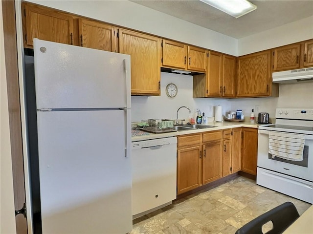 830 S Main St Unit 206, City Of Washington, PA 15301 - kitchen with white appliances, under cabinet range hood, light countertops, and stone finish flooring