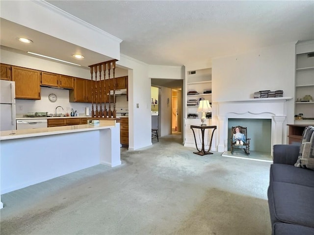 830 S Main St Unit 206, City Of Washington, PA 15301 - kitchen with open floor plan, brown cabinetry, light countertops, under cabinet range hood, and light colored carpet