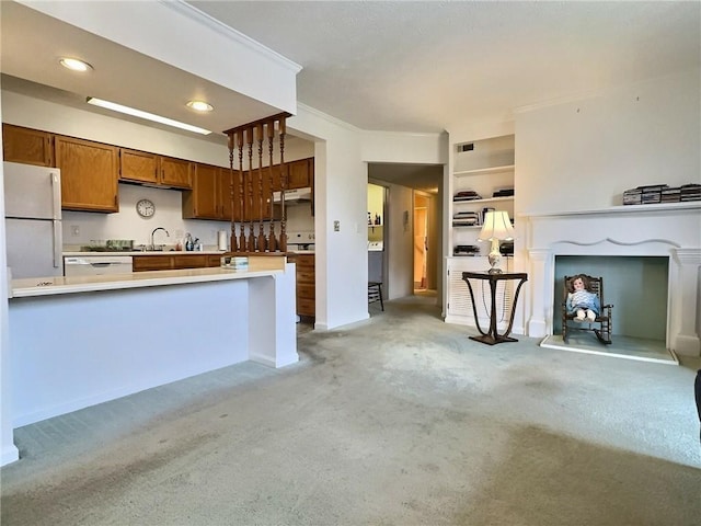 830 S Main St Unit 206, City Of Washington, PA 15301 - kitchen featuring white appliances, light carpet, light countertops, under cabinet range hood, and brown cabinetry