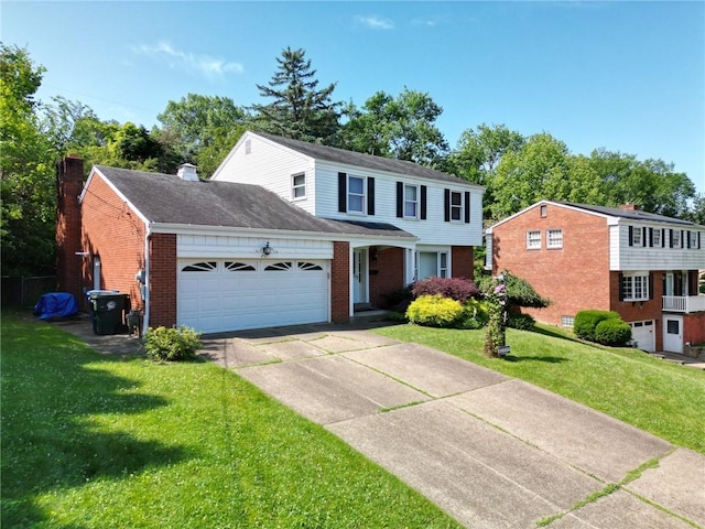 4517 W Brightview Ave, Whitehall, PA 15227 - view of front of property featuring brick siding, an attached garage, driveway, a front yard, and a chimney