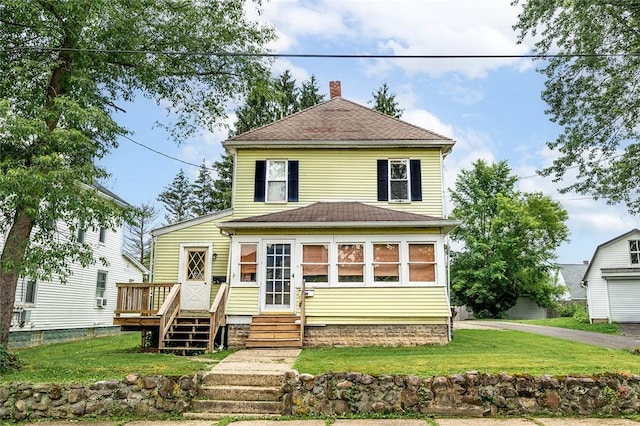 407 Hill St, Grove City Boro, PA 16127 - american foursquare style home featuring a front lawn, a shingled roof, a deck, and a chimney