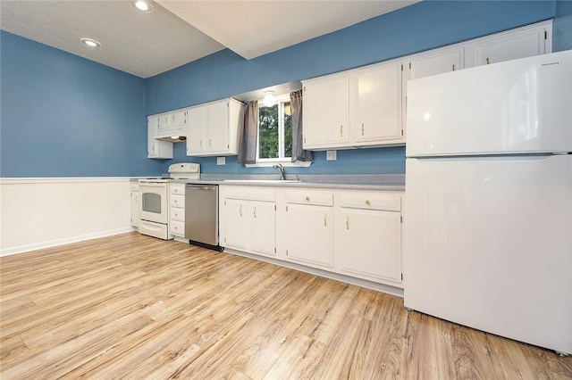 407 Hill St, Grove City Boro, PA 16127 - kitchen with white appliances, light wood-style floors, white cabinetry, light countertops, and recessed lighting