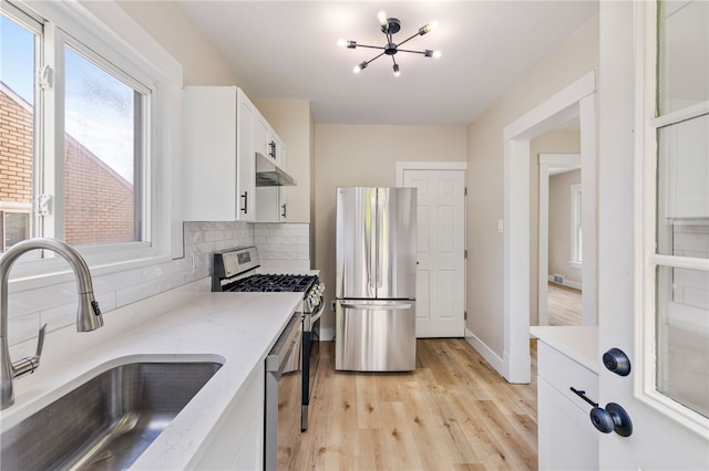 404 Ariston Ave, Carrick, PA 15210 - kitchen with stainless steel appliances, under cabinet range hood, light wood finished floors, a chandelier, and decorative backsplash