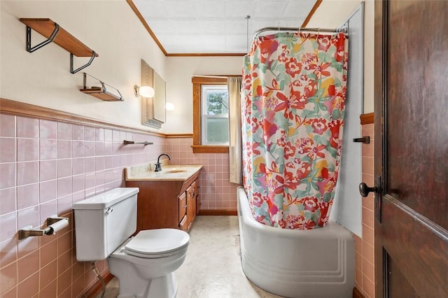 623 Rte 30, Findlay Twp, PA 15126 - bathroom with vanity, shower / tub combo with curtain, tile walls, and wainscoting