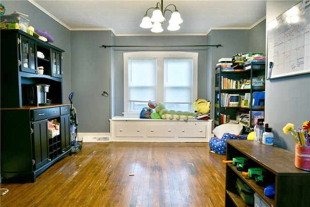 1107 W Ridge Ave, Sharpsville, PA 16150 - rec room featuring wood-type flooring, a chandelier, and ornamental molding