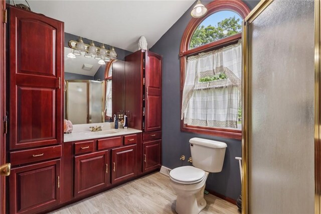 4296 Morefield Rd, Hermitage, PA 16148 - full bath featuring vaulted ceiling, a shower stall, vanity, and wood finished floors
