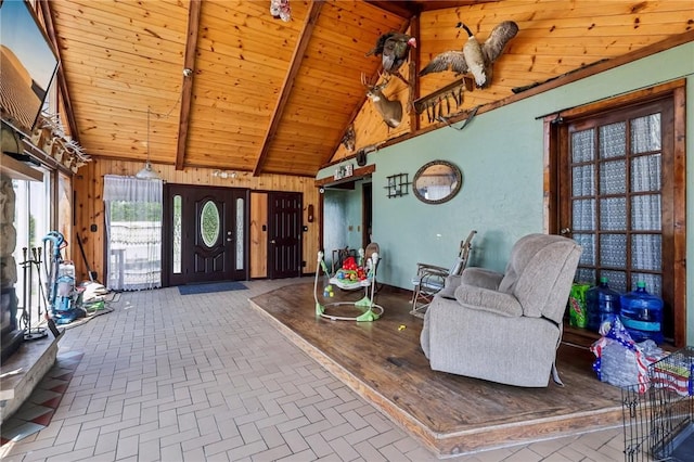 4296 Morefield Rd, Hermitage, PA 16148 - living room featuring a wood ceiling with exposed beams, high vaulted ceiling, brick patterned floors, and wooden walls