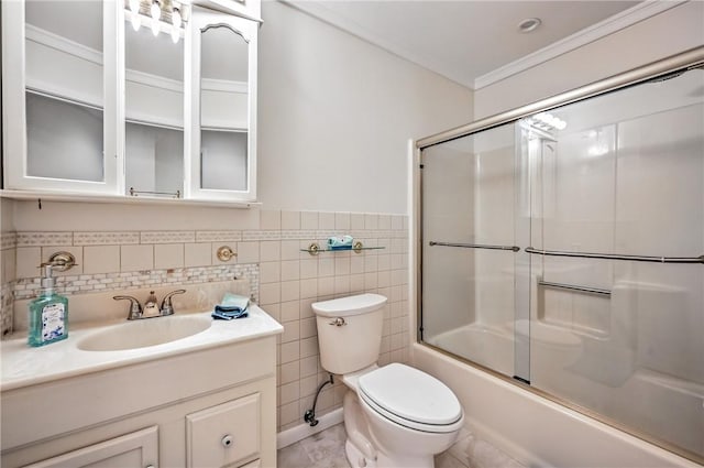 117 Clubhouse Cir, Shenango Twp Mer, PA 16159 - full bathroom featuring vanity, combined bath / shower with glass door, ornamental molding, tile walls, and a wainscoted wall