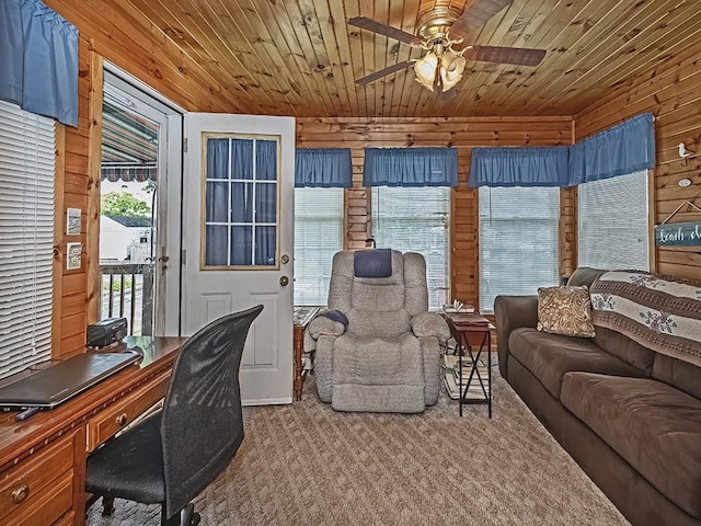 1138 Union Ave, Brackenridge, PA 15014 - office with plenty of natural light, carpet flooring, ceiling fan, wooden ceiling, and wooden walls