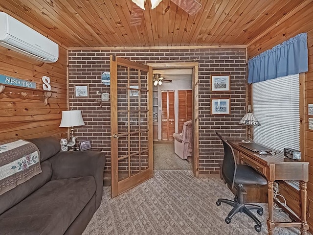 1138 Union Ave, Brackenridge, PA 15014 - office with carpet, brick wall, a wall mounted AC, wooden ceiling, and a ceiling fan