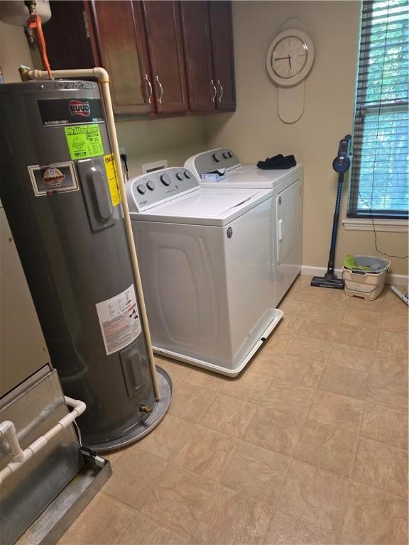 7007 Stefano Dr, Delmont, PA 15626 - laundry room with washer and clothes dryer, cabinet space, and electric water heater