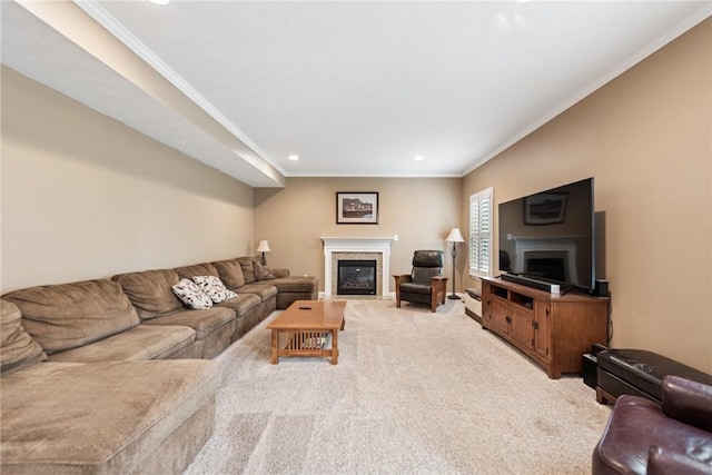 509 Saddle Ridge Dr, Penn Twp Wml, PA 15642 - carpeted living room with a glass covered fireplace, crown molding, and recessed lighting