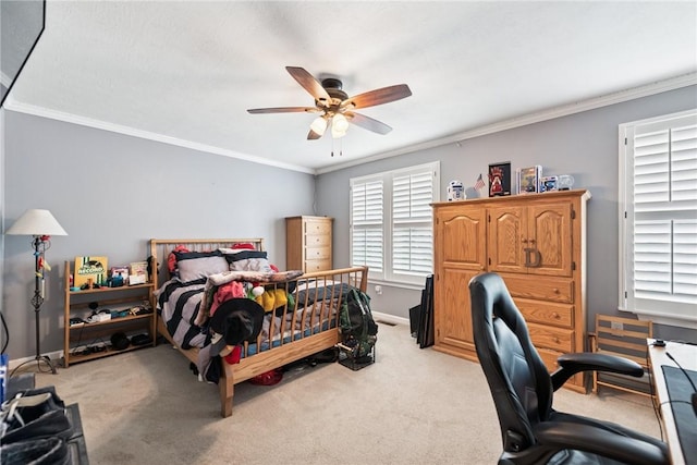 509 Saddle Ridge Dr, Penn Twp Wml, PA 15642 - bedroom featuring light carpet, a desk, crown molding, and ceiling fan