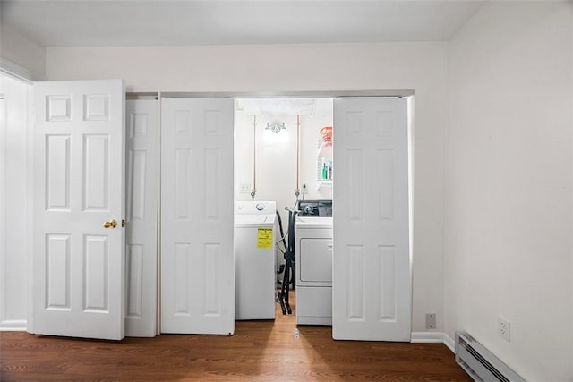 206 Little Hollow Dr, Aleppo, PA 15143 - laundry area featuring separate washer and dryer, a baseboard heating unit, and wood finished floors