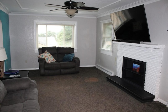 533 Charlotte Dr, Baldwin Boro, PA 15236 - living room with crown molding, carpet, plenty of natural light, baseboard heating, and ceiling fan