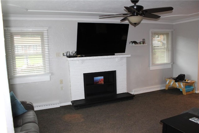 533 Charlotte Dr, Baldwin Boro, PA 15236 - carpeted living room with crown molding, a ceiling fan, a brick fireplace, a baseboard heating unit, and a baseboard radiator