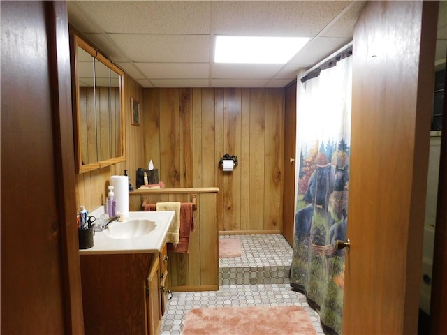577 Woodside Old Frame Rd, Smithfield, PA 15478 - full bath with vanity, a paneled ceiling, wooden walls, and curtained shower