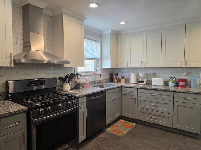 3107 Churchview Ave, Baldwin Boro, PA 15227 - kitchen with appliances with stainless steel finishes, wall chimney range hood, ornamental molding, gray cabinets, and decorative backsplash