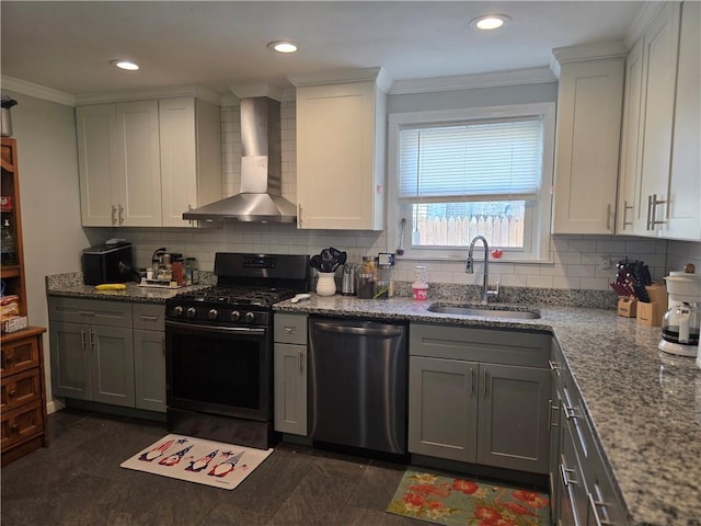 3107 Churchview Ave, Baldwin Boro, PA 15227 - kitchen with dishwasher, wall chimney exhaust hood, black gas stove, tasteful backsplash, and ornamental molding