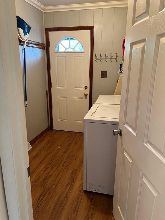170 Canal St, Center Twp/Homer Cty, PA 15748 - washroom featuring ornamental molding, dark wood-style flooring, and washer and clothes dryer
